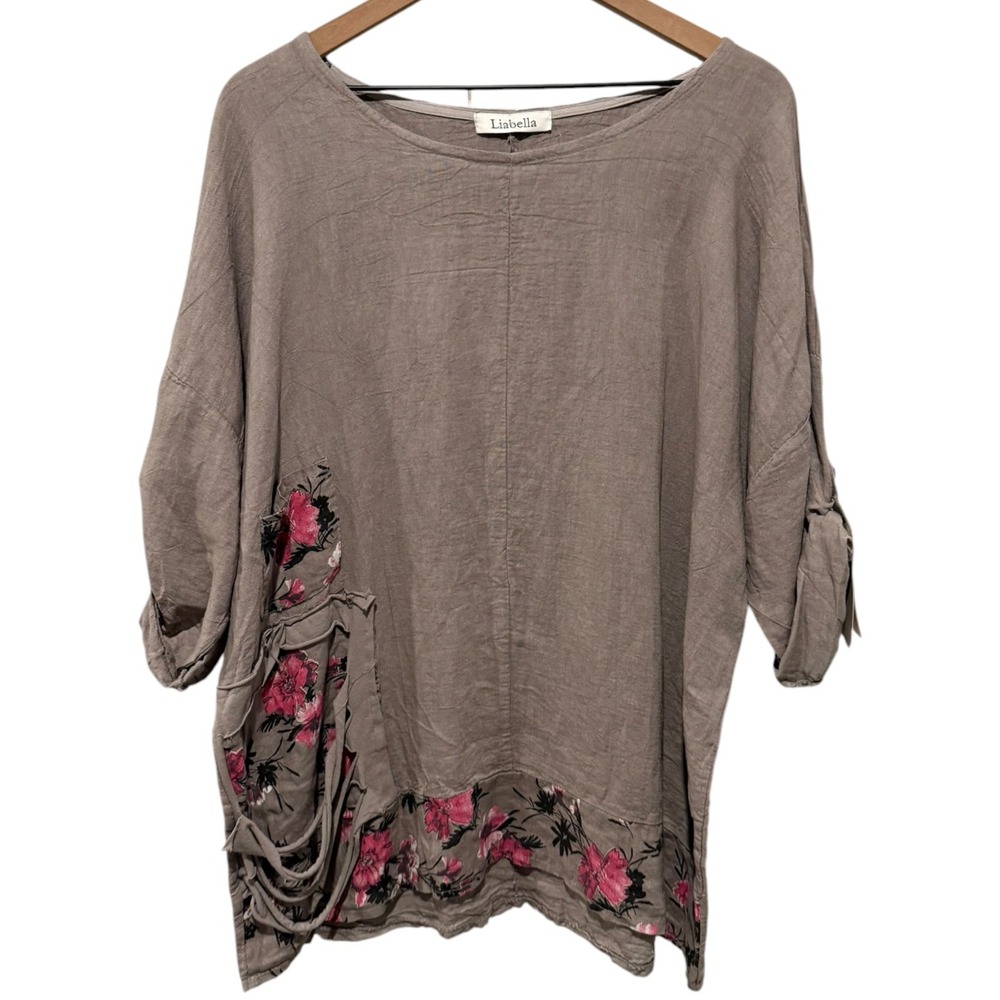 LiaBella Linen Tunic Top Lagenlook Women One Size Distressed Floral Made Italy